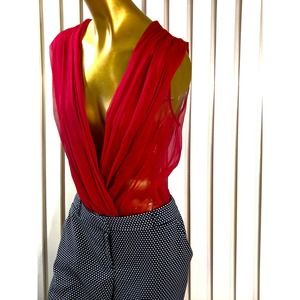 Caribbean Queen Sheer Burgundy Tan Bodysuit Plunge Open Neckline Top Size Medium